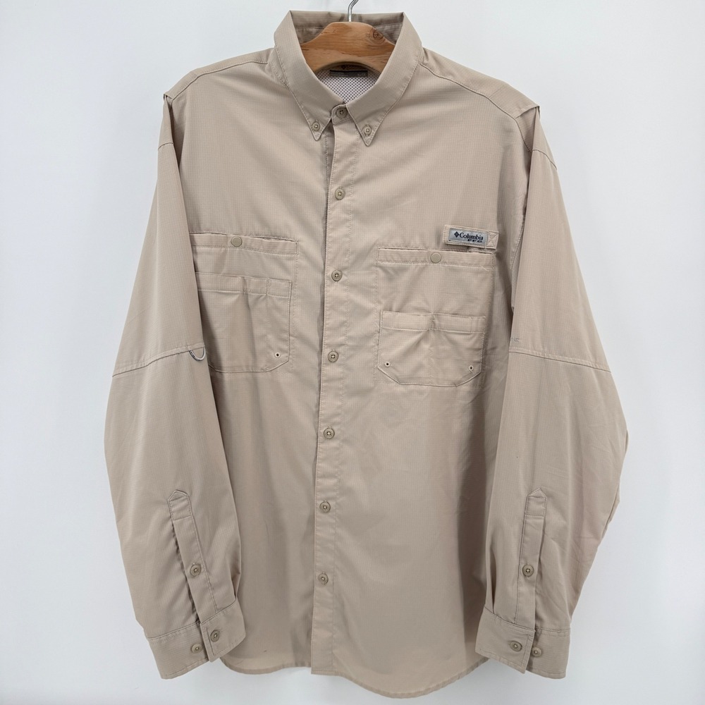 Columbia PFG Long Sleeve Fishing Shirt Mens XL Tan Omni Shade Sun Protection
